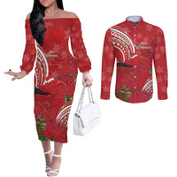Personalized Mele Kalikimaka Hawaii Couples Matching Off The Shoulder Long Sleeve Dress and Long Sleeve Button Shirt I'iwi Bird With Ohia Lehua - Red Color LT14 Red - Polynesian Pride