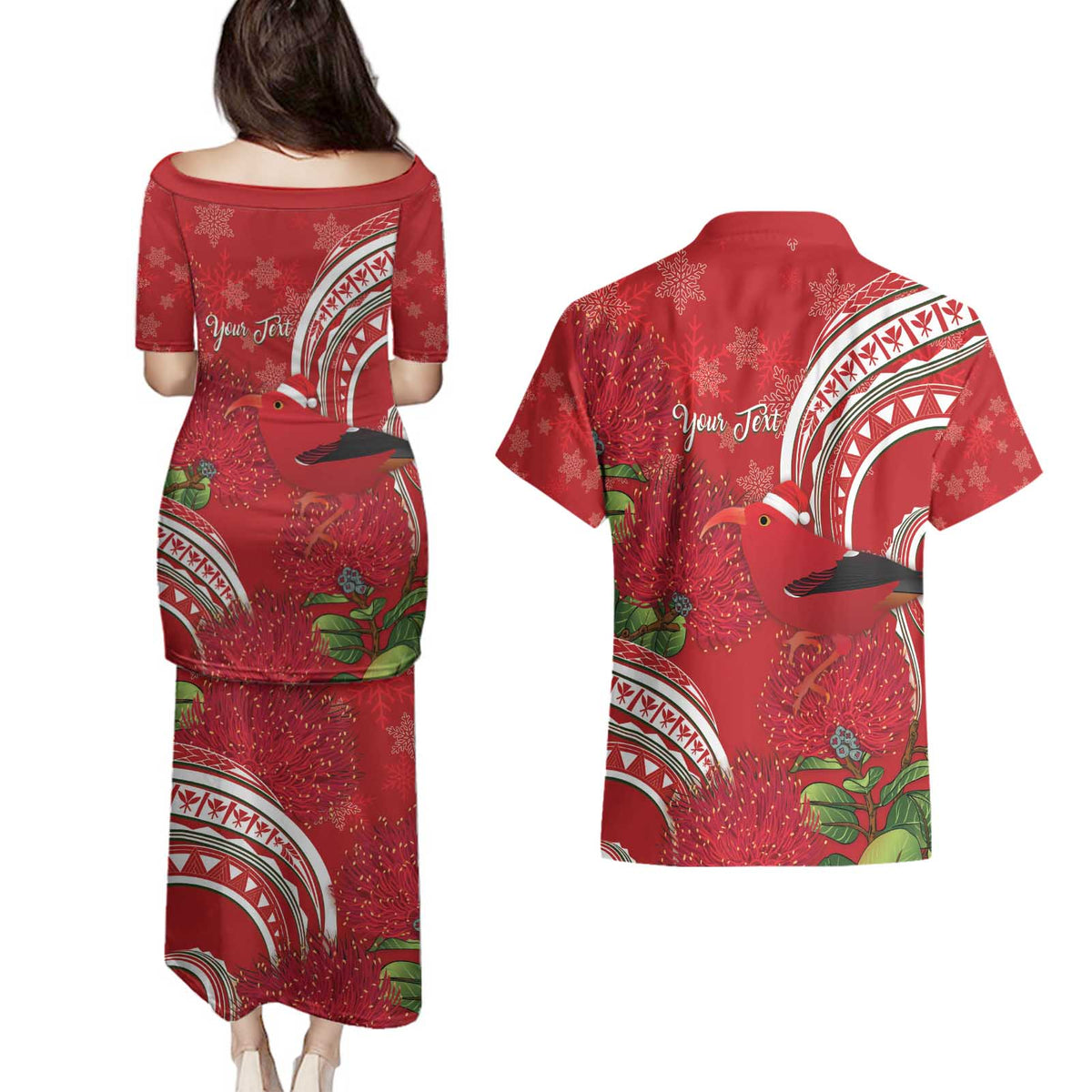 Personalized Mele Kalikimaka Hawaii Couples Matching Puletasi and Hawaiian Shirt I'iwi Bird With Ohia Lehua - Red Color LT14 - Polynesian Pride