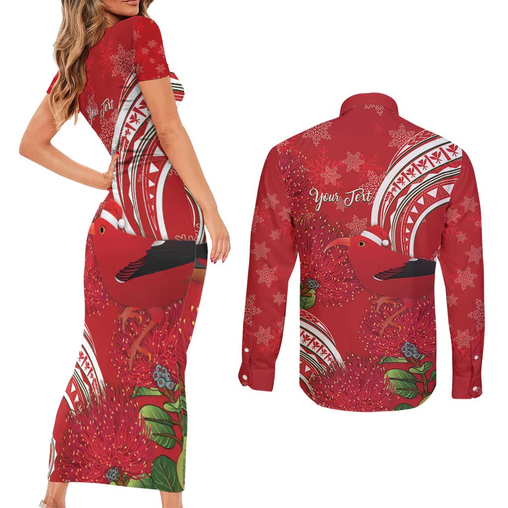 Personalized Mele Kalikimaka Hawaii Couples Matching Short Sleeve Bodycon Dress and Long Sleeve Button Shirt I'iwi Bird With Ohia Lehua - Red Color LT14 - Polynesian Pride