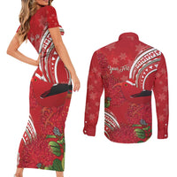 Personalized Mele Kalikimaka Hawaii Couples Matching Short Sleeve Bodycon Dress and Long Sleeve Button Shirt I'iwi Bird With Ohia Lehua - Red Color LT14 - Polynesian Pride