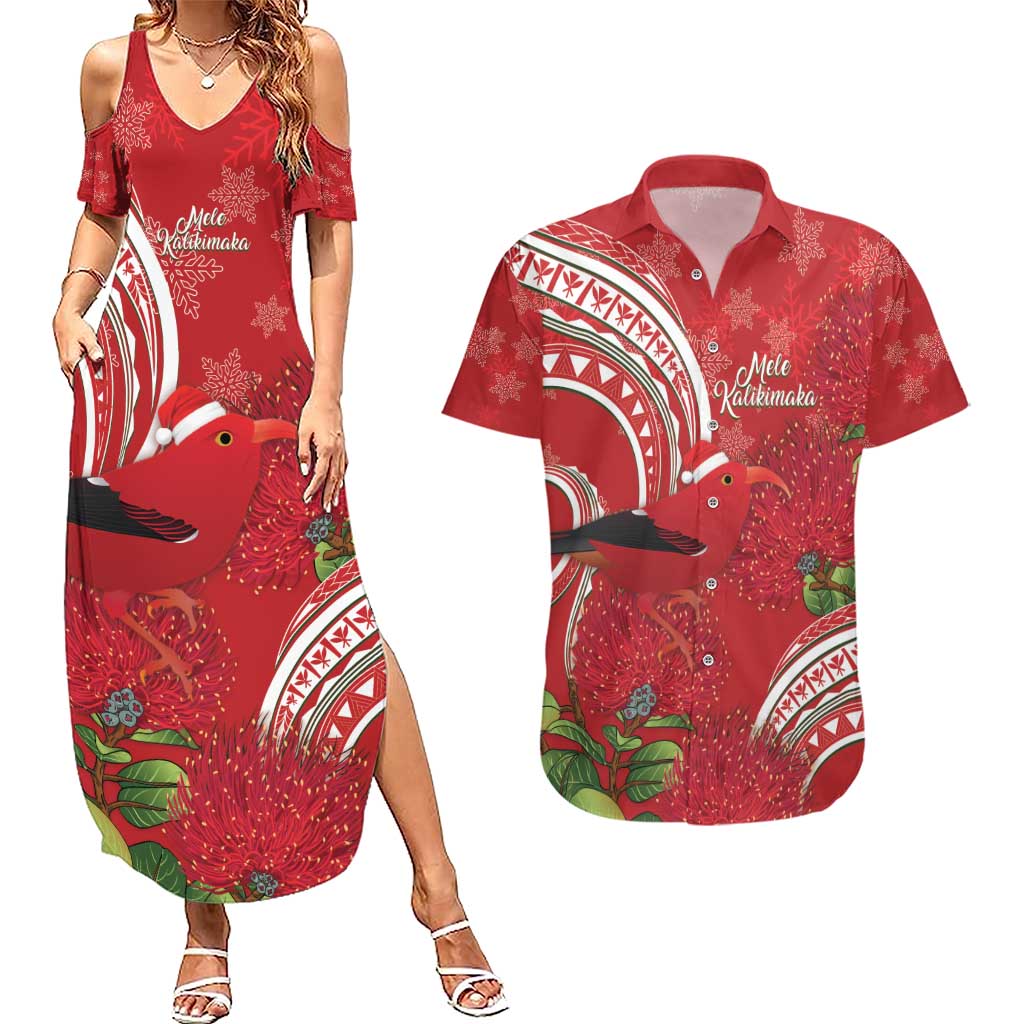 Personalized Mele Kalikimaka Hawaii Couples Matching Summer Maxi Dress and Hawaiian Shirt I'iwi Bird With Ohia Lehua - Red Color LT14 Red - Polynesian Pride