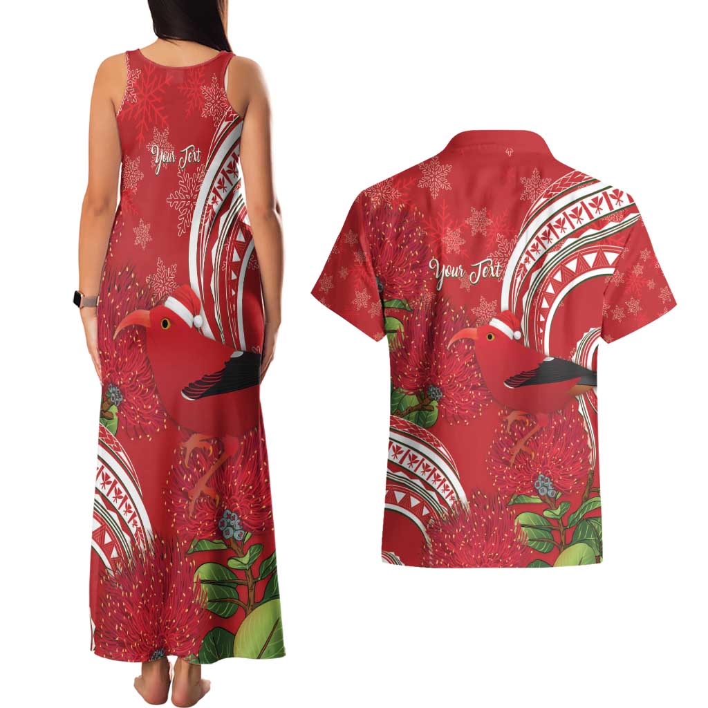Personalized Mele Kalikimaka Hawaii Couples Matching Tank Maxi Dress and Hawaiian Shirt I'iwi Bird With Ohia Lehua - Red Color LT14 - Polynesian Pride