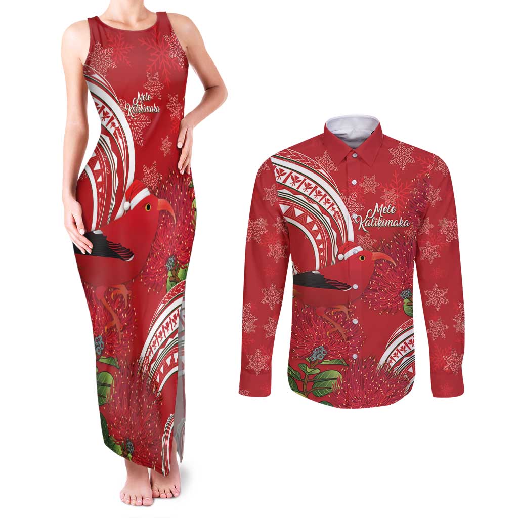 Personalized Mele Kalikimaka Hawaii Couples Matching Tank Maxi Dress and Long Sleeve Button Shirt I'iwi Bird With Ohia Lehua - Red Color LT14 Red - Polynesian Pride