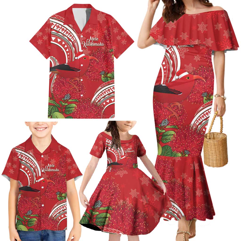 Personalized Mele Kalikimaka Hawaii Family Matching Mermaid Dress and Hawaiian Shirt I'iwi Bird With Ohia Lehua - Red Color LT14 - Polynesian Pride