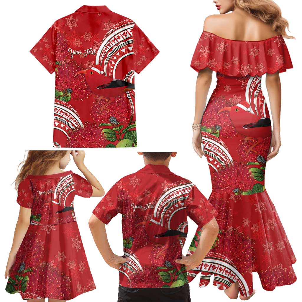 Personalized Mele Kalikimaka Hawaii Family Matching Mermaid Dress and Hawaiian Shirt I'iwi Bird With Ohia Lehua - Red Color LT14 - Polynesian Pride