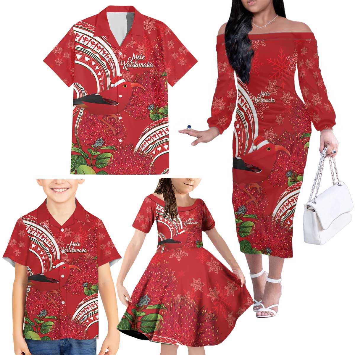 Personalized Mele Kalikimaka Hawaii Family Matching Off The Shoulder Long Sleeve Dress and Hawaiian Shirt I'iwi Bird With Ohia Lehua - Red Color LT14 - Polynesian Pride