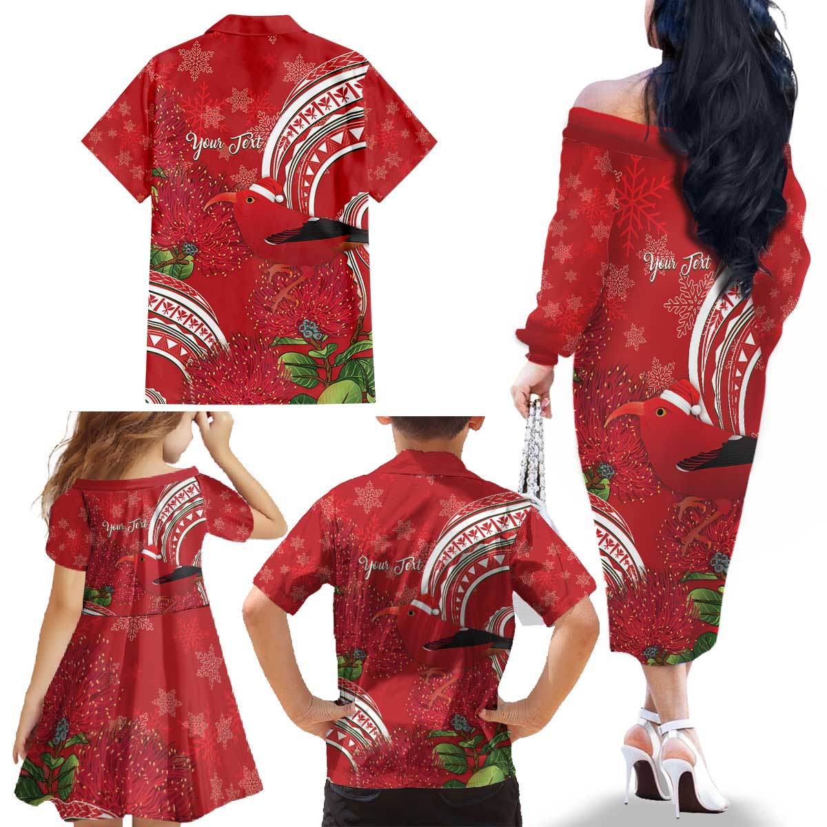 Personalized Mele Kalikimaka Hawaii Family Matching Off The Shoulder Long Sleeve Dress and Hawaiian Shirt I'iwi Bird With Ohia Lehua - Red Color LT14 - Polynesian Pride