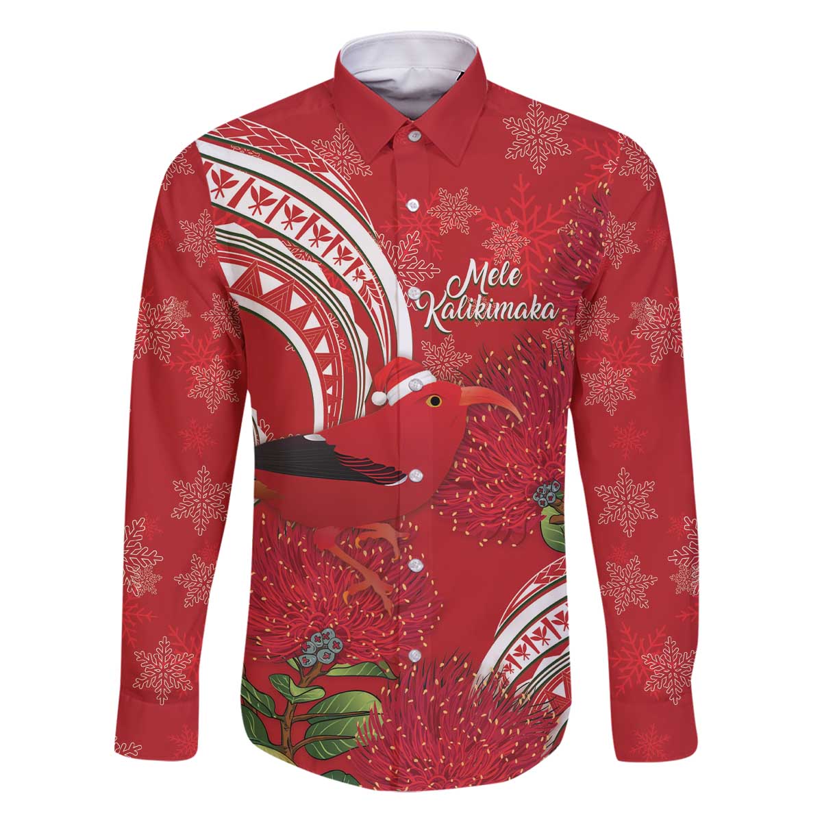 Personalized Mele Kalikimaka Hawaii Family Matching Off The Shoulder Long Sleeve Dress and Hawaiian Shirt I'iwi Bird With Ohia Lehua - Red Color LT14 Dad's Shirt - Long Sleeve Red - Polynesian Pride