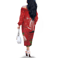 Personalized Mele Kalikimaka Hawaii Family Matching Off The Shoulder Long Sleeve Dress and Hawaiian Shirt I'iwi Bird With Ohia Lehua - Red Color LT14 - Polynesian Pride