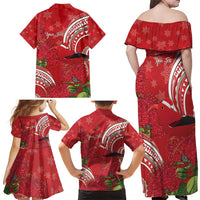 Personalized Mele Kalikimaka Hawaii Family Matching Off Shoulder Maxi Dress and Hawaiian Shirt I'iwi Bird With Ohia Lehua - Red Color LT14 - Polynesian Pride