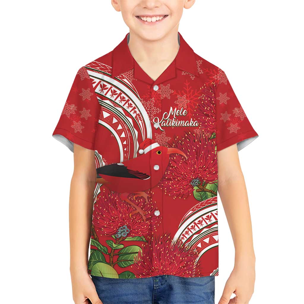 Personalized Mele Kalikimaka Hawaii Family Matching Off Shoulder Maxi Dress and Hawaiian Shirt I'iwi Bird With Ohia Lehua - Red Color LT14 Son's Shirt Red - Polynesian Pride