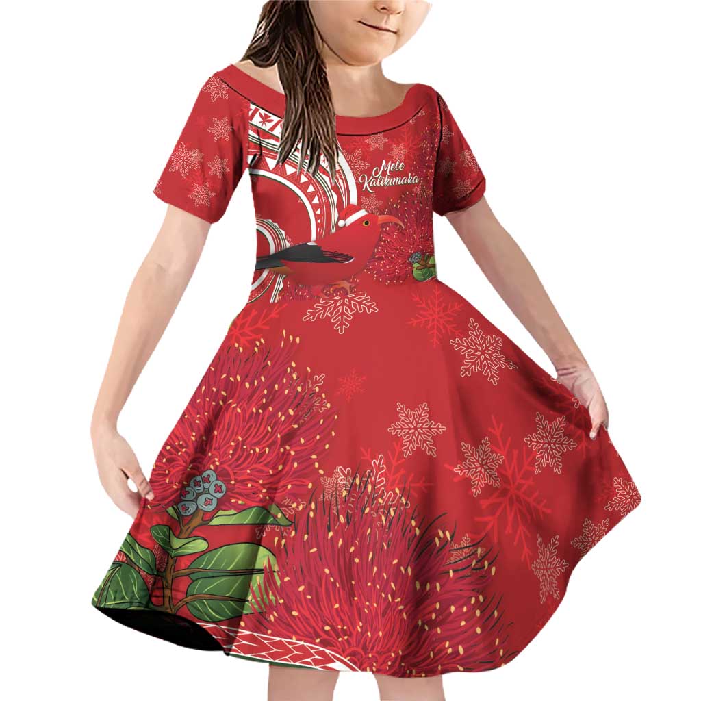 Personalized Mele Kalikimaka Hawaii Family Matching Off Shoulder Short Dress and Hawaiian Shirt I'iwi Bird With Ohia Lehua - Red Color LT14 Daughter's Dress Red - Polynesian Pride