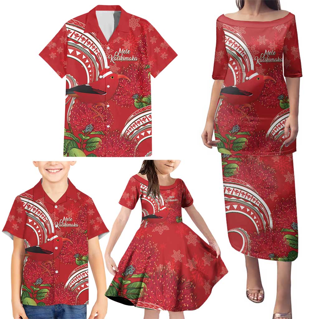 Personalized Mele Kalikimaka Hawaii Family Matching Puletasi and Hawaiian Shirt I'iwi Bird With Ohia Lehua - Red Color LT14 - Polynesian Pride