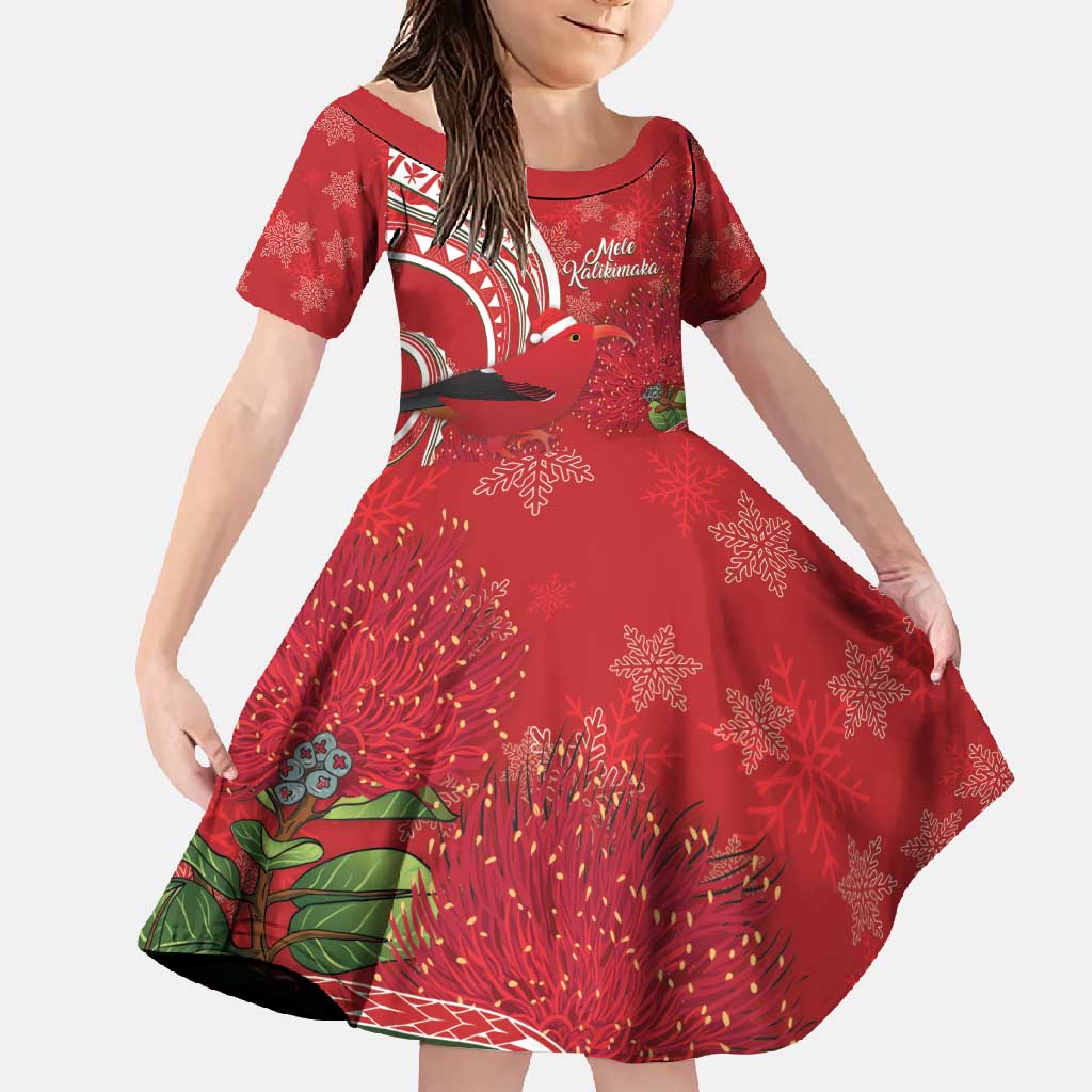 Personalized Mele Kalikimaka Hawaii Family Matching Short Sleeve Bodycon Dress and Hawaiian Shirt I'iwi Bird With Ohia Lehua - Red Color LT14 Daughter's Dress Red - Polynesian Pride