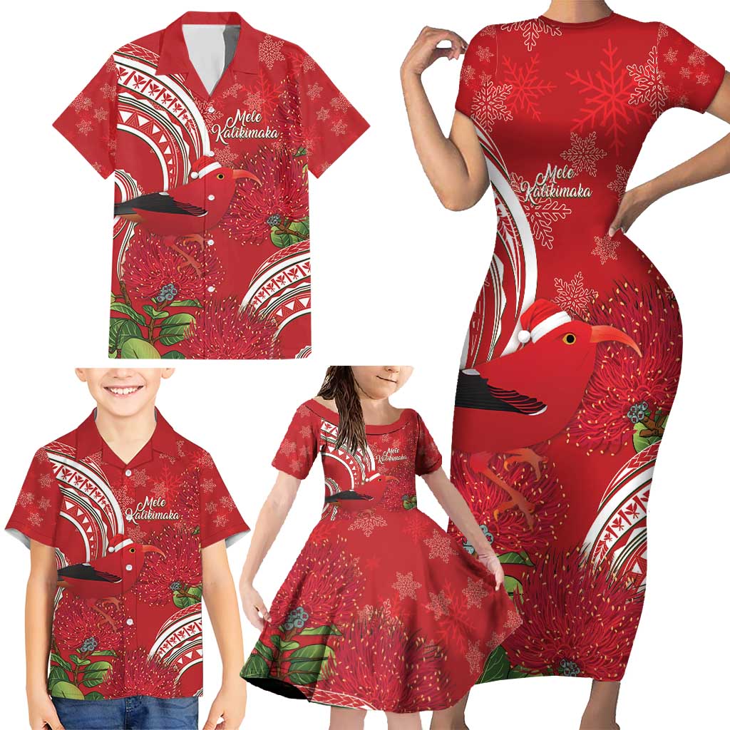Personalized Mele Kalikimaka Hawaii Family Matching Short Sleeve Bodycon Dress and Hawaiian Shirt I'iwi Bird With Ohia Lehua - Red Color LT14 - Polynesian Pride