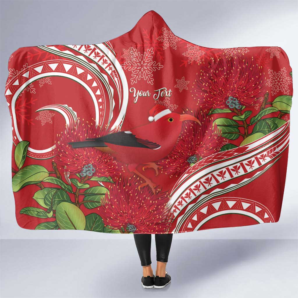 Personalized Mele Kalikimaka Hawaii Hooded Blanket I'iwi Bird With Ohia Lehua - Red Color LT14 One Size Red - Polynesian Pride