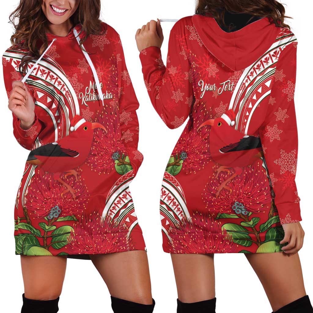 Personalized Mele Kalikimaka Hawaii Hoodie Dress I'iwi Bird With Ohia Lehua - Red Color LT14 - Polynesian Pride