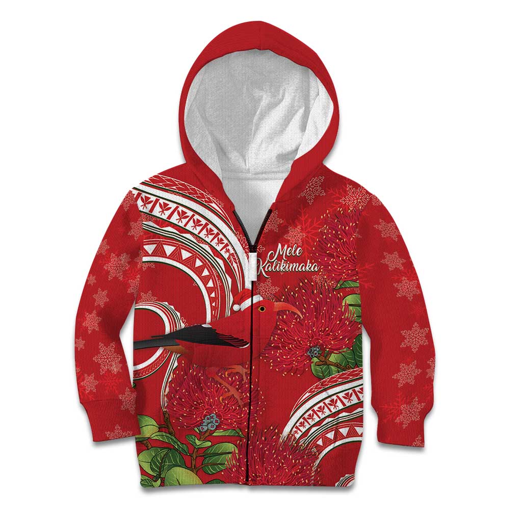 Personalized Mele Kalikimaka Hawaii Kid Hoodie I'iwi Bird With Ohia Lehua - Red Color LT14 Zip Hoodie Red - Polynesian Pride