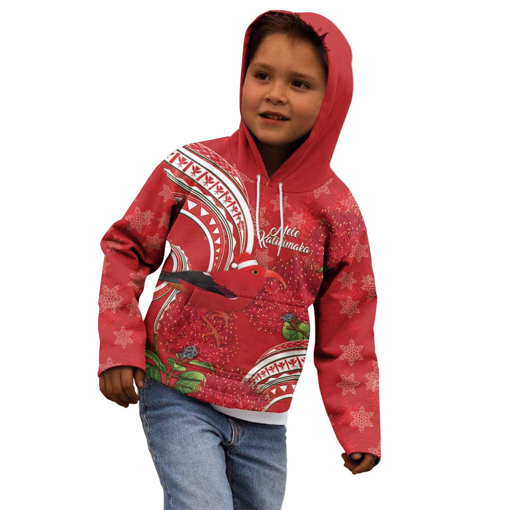 Personalized Mele Kalikimaka Hawaii Kid Hoodie I'iwi Bird With Ohia Lehua - Red Color LT14 - Polynesian Pride