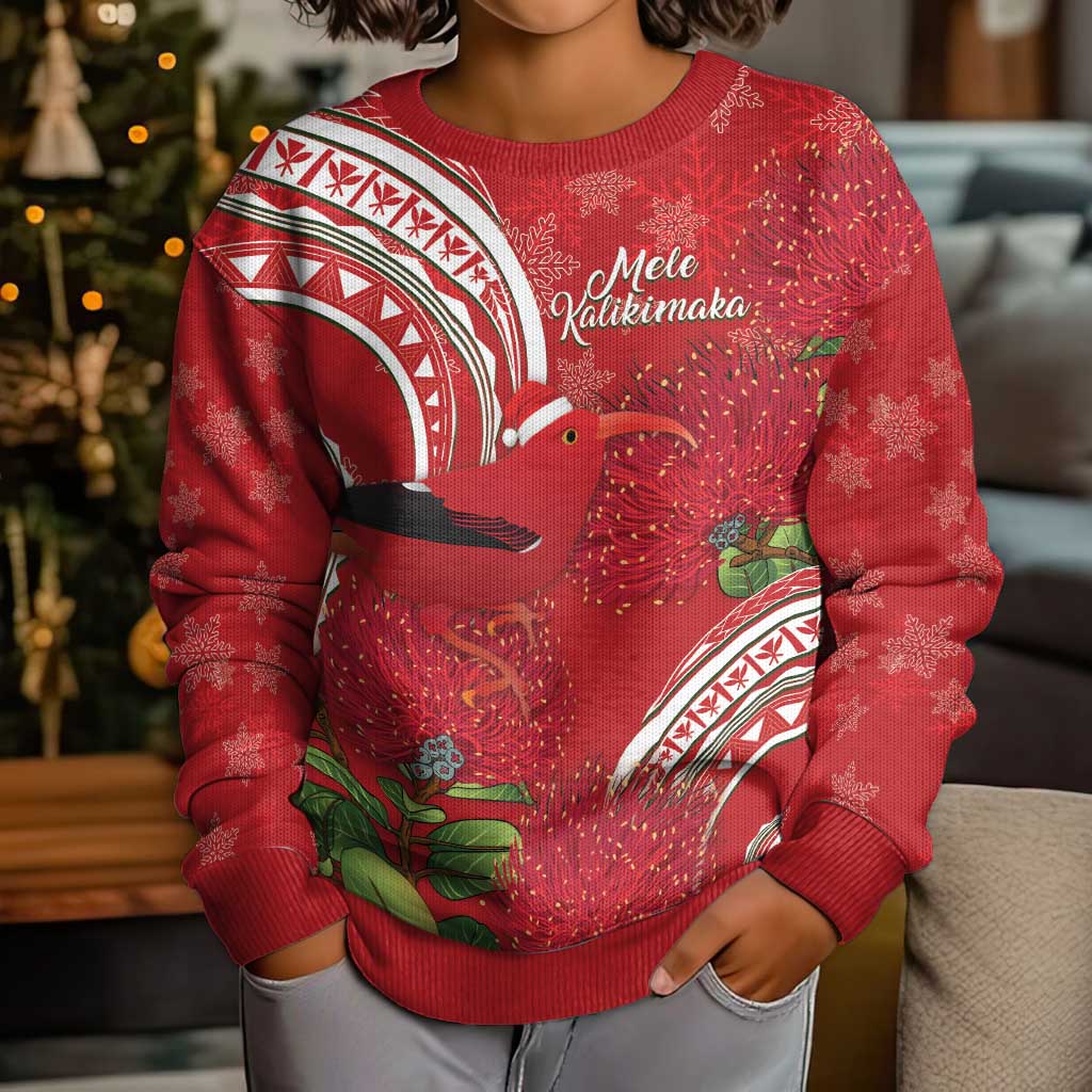Personalized Mele Kalikimaka Hawaii Kid Ugly Christmas Sweater I'iwi Bird With Ohia Lehua - Red Color LT14 - Polynesian Pride