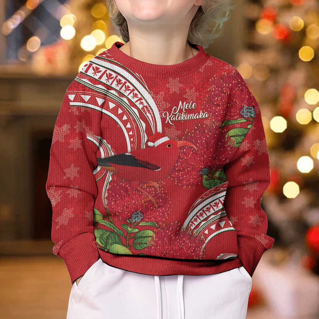 Personalized Mele Kalikimaka Hawaii Kid Ugly Christmas Sweater I'iwi Bird With Ohia Lehua - Red Color LT14 - Polynesian Pride