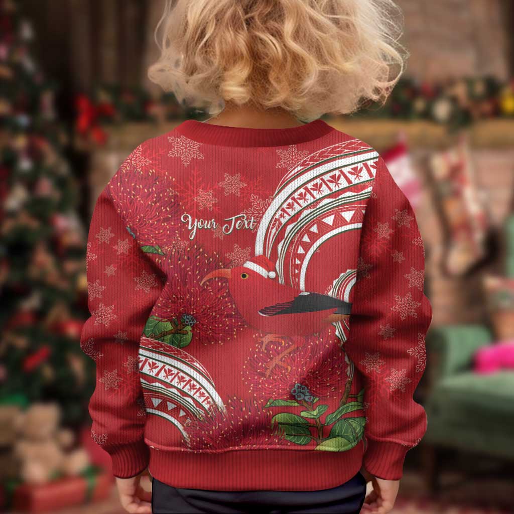 Personalized Mele Kalikimaka Hawaii Kid Ugly Christmas Sweater I'iwi Bird With Ohia Lehua - Red Color LT14 - Polynesian Pride