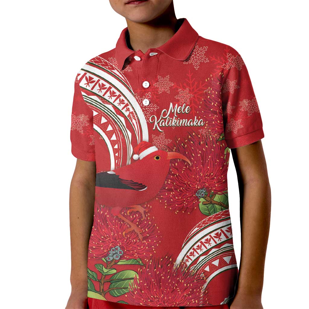 Personalized Mele Kalikimaka Hawaii Kid Polo Shirt I'iwi Bird With Ohia Lehua - Red Color LT14 Kid Red - Polynesian Pride