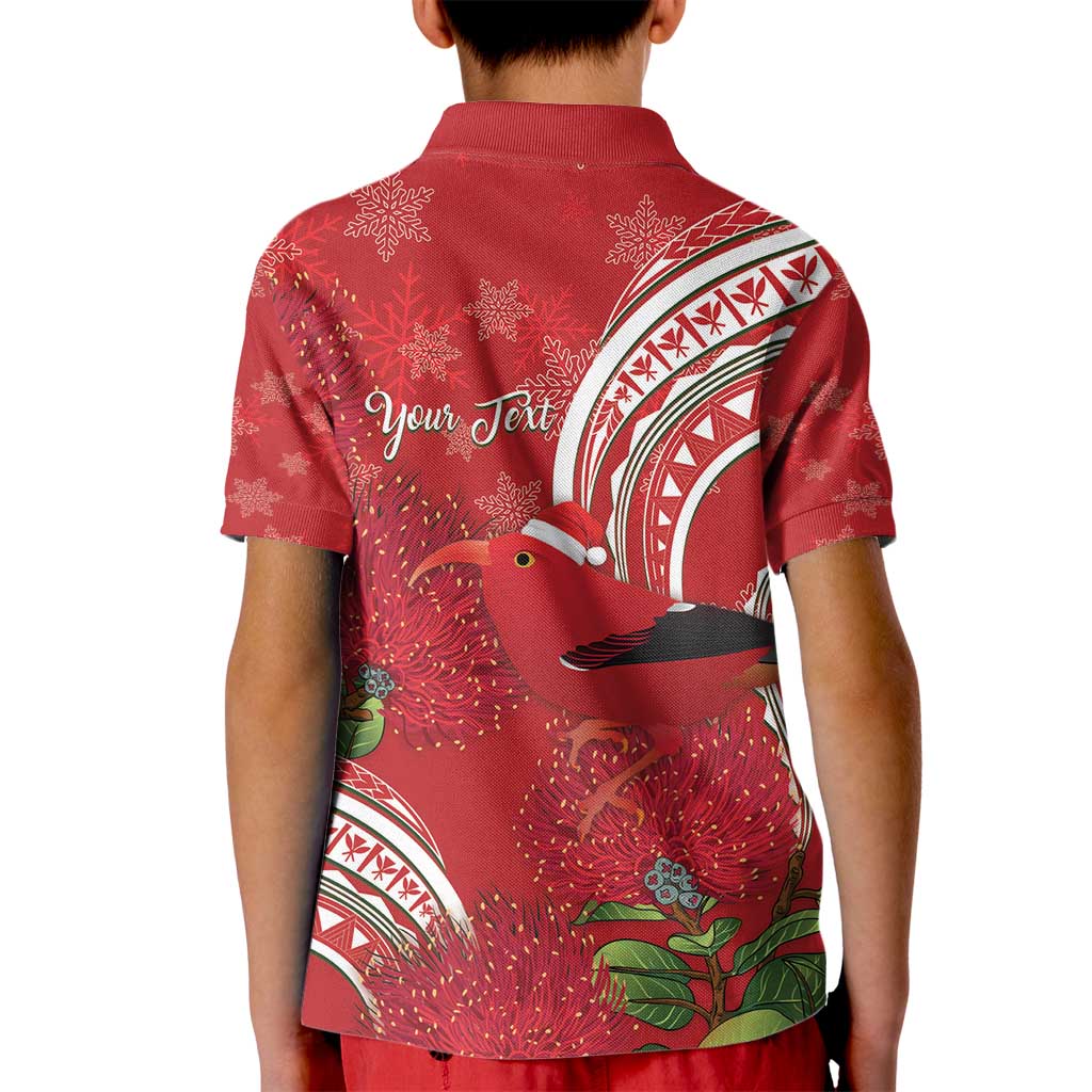 Personalized Mele Kalikimaka Hawaii Kid Polo Shirt I'iwi Bird With Ohia Lehua - Red Color LT14 - Polynesian Pride