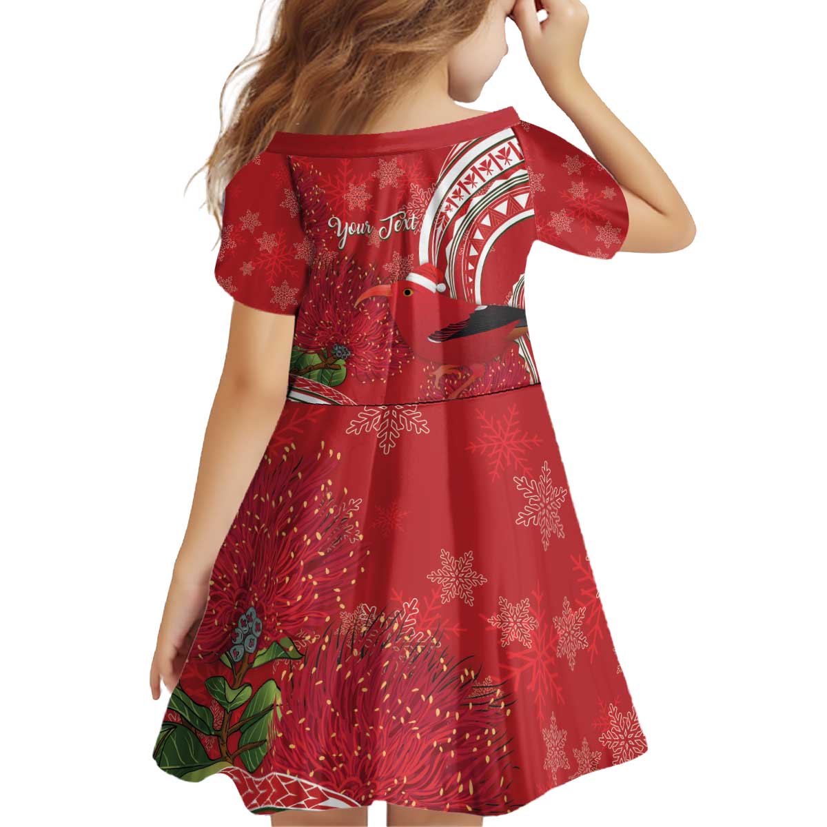 Personalized Mele Kalikimaka Hawaii Kid Short Sleeve Dress I'iwi Bird With Ohia Lehua - Red Color LT14 - Polynesian Pride