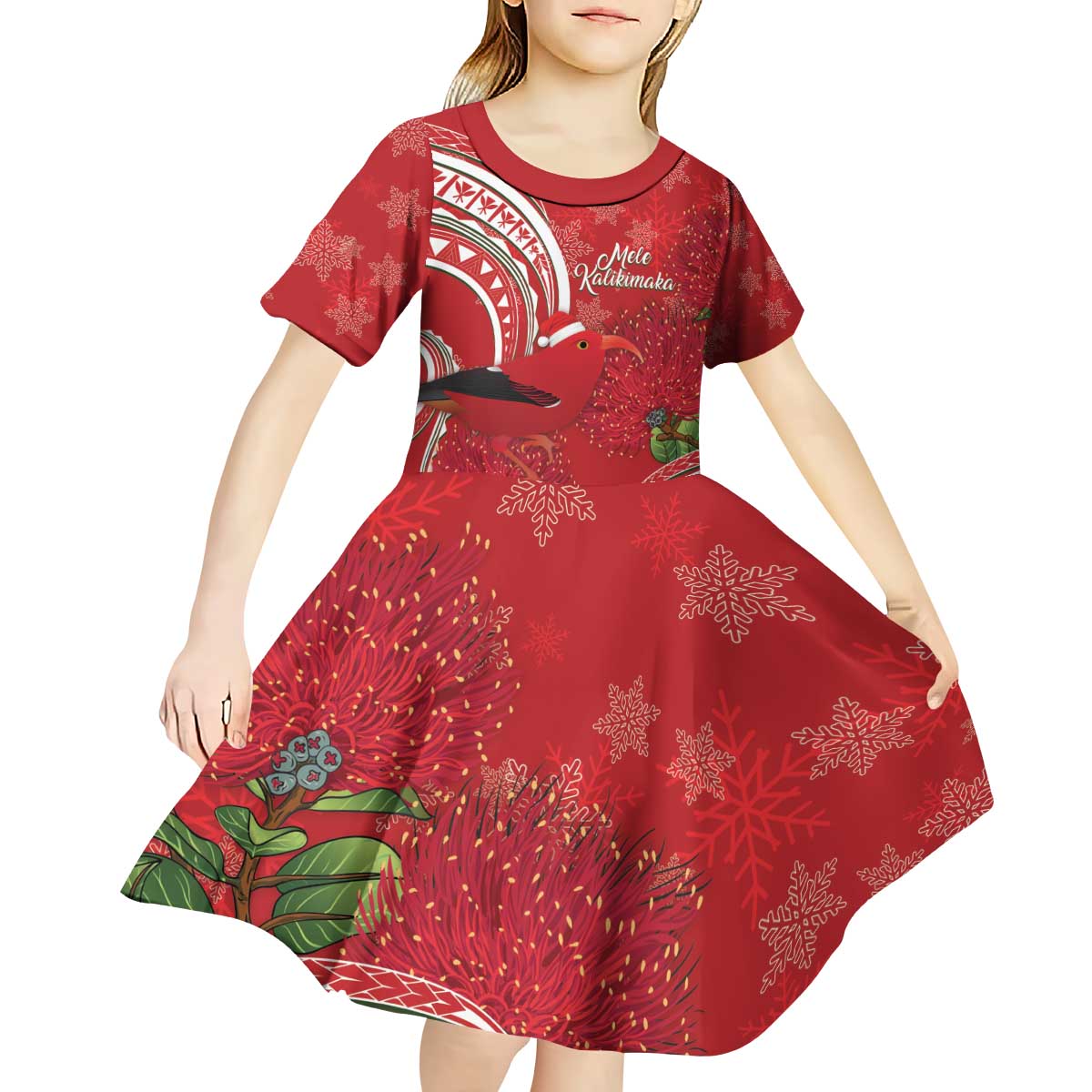Personalized Mele Kalikimaka Hawaii Kid Short Sleeve Dress I'iwi Bird With Ohia Lehua - Red Color LT14 - Polynesian Pride