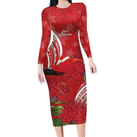 Personalized Mele Kalikimaka Hawaii Long Sleeve Bodycon Dress I'iwi Bird With Ohia Lehua - Red Color LT14 Long Dress Red - Polynesian Pride