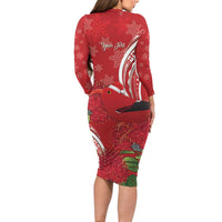 Personalized Mele Kalikimaka Hawaii Long Sleeve Bodycon Dress I'iwi Bird With Ohia Lehua - Red Color LT14 - Polynesian Pride