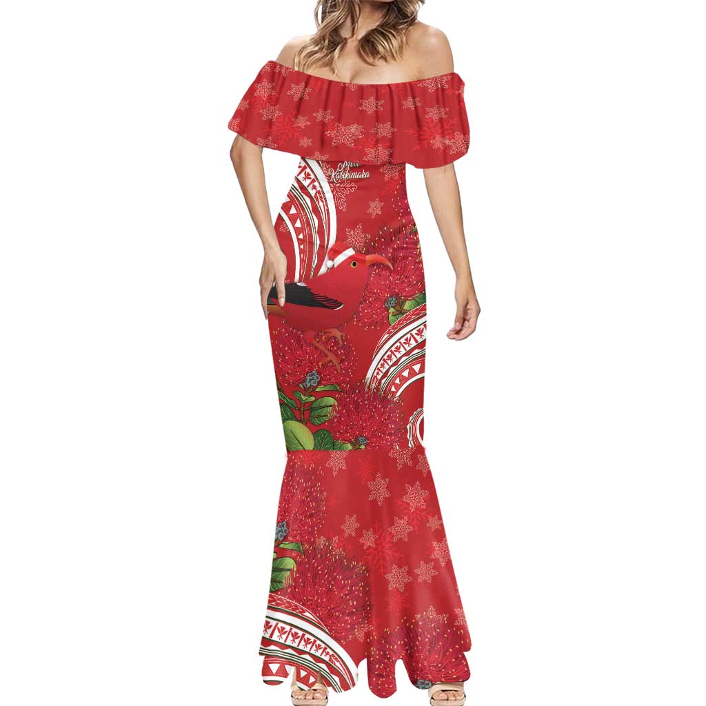 Personalized Mele Kalikimaka Hawaii Mermaid Dress I'iwi Bird With Ohia Lehua - Red Color LT14 - Polynesian Pride