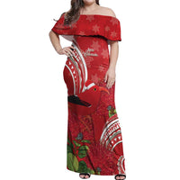 Personalized Mele Kalikimaka Hawaii Off Shoulder Maxi Dress I'iwi Bird With Ohia Lehua - Red Color LT14 Women Red - Polynesian Pride