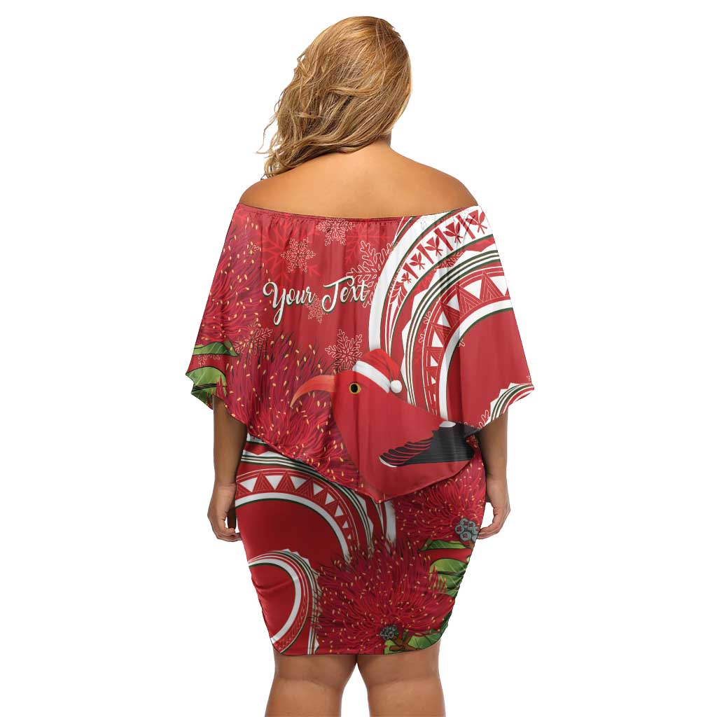 Personalized Mele Kalikimaka Hawaii Off Shoulder Short Dress I'iwi Bird With Ohia Lehua - Red Color LT14 - Polynesian Pride
