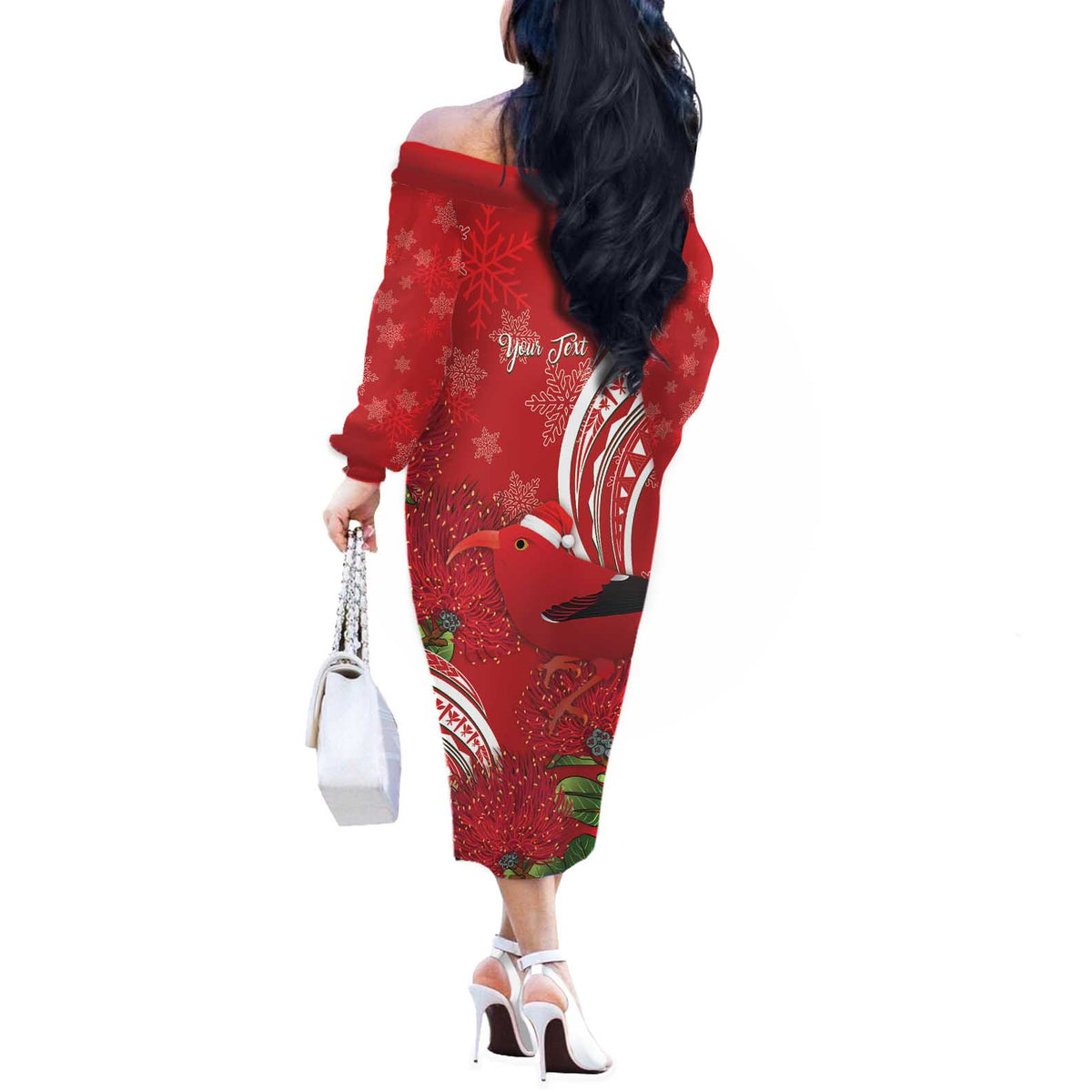 Personalized Mele Kalikimaka Hawaii Off The Shoulder Long Sleeve Dress I'iwi Bird With Ohia Lehua - Red Color LT14 - Polynesian Pride