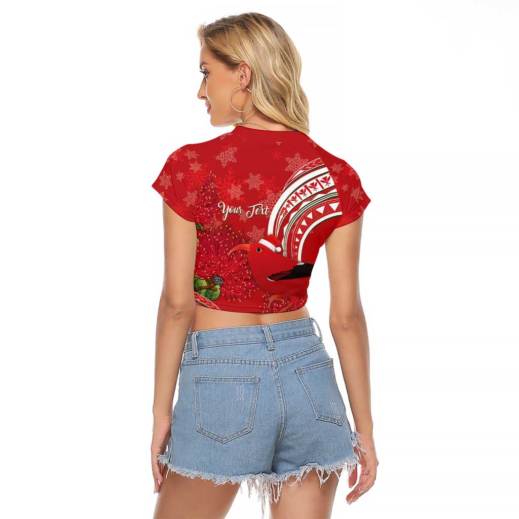 Personalized Mele Kalikimaka Hawaii Raglan Cropped T Shirt I'iwi Bird With Ohia Lehua - Red Color LT14 - Polynesian Pride