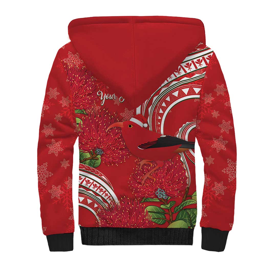 Personalized Mele Kalikimaka Hawaii Sherpa Hoodie I'iwi Bird With Ohia Lehua - Red Color LT14 - Polynesian Pride