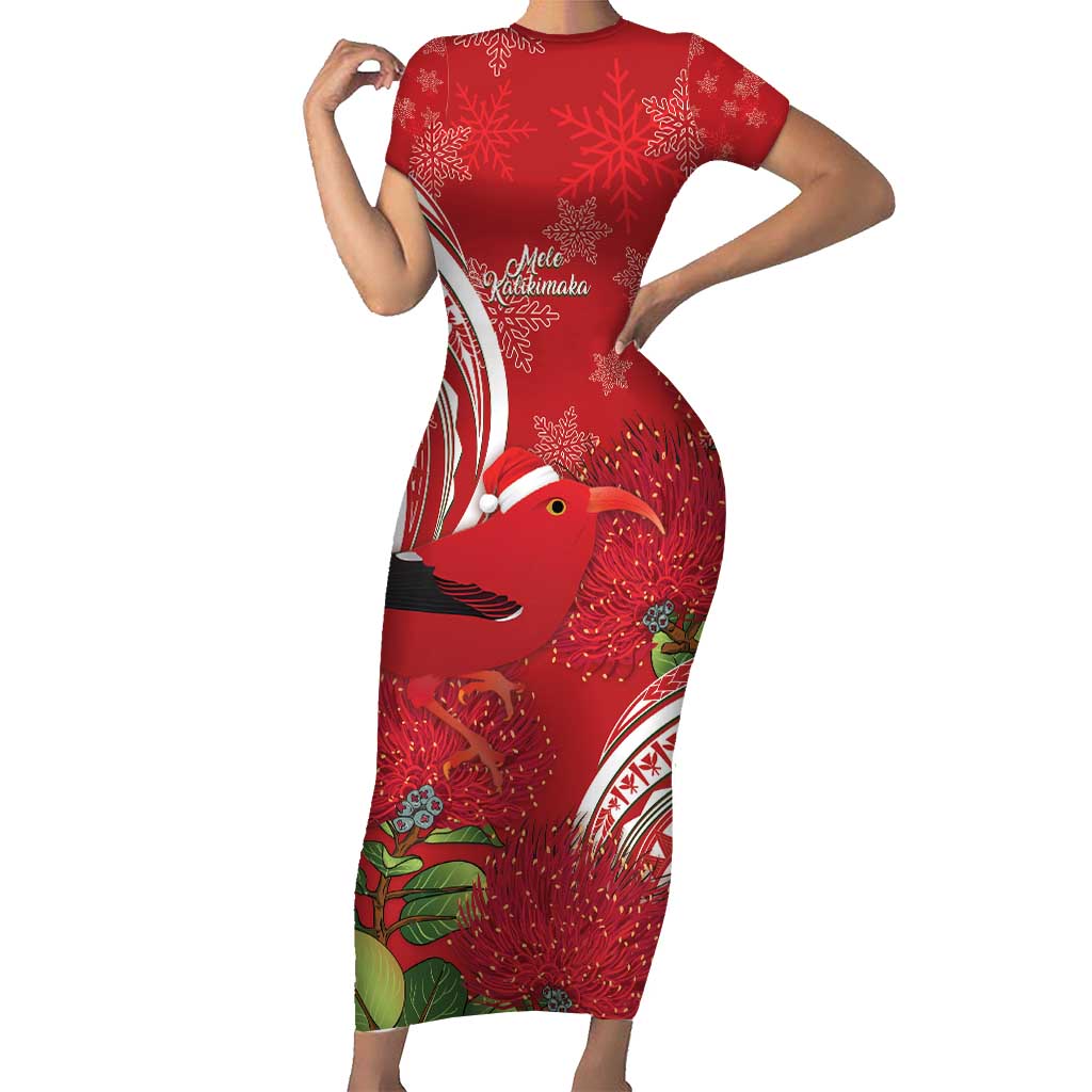 Personalized Mele Kalikimaka Hawaii Short Sleeve Bodycon Dress I'iwi Bird With Ohia Lehua - Red Color LT14 Long Dress Red - Polynesian Pride
