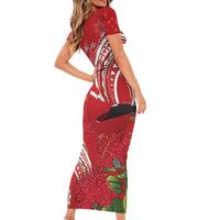 Personalized Mele Kalikimaka Hawaii Short Sleeve Bodycon Dress I'iwi Bird With Ohia Lehua - Red Color LT14 - Polynesian Pride