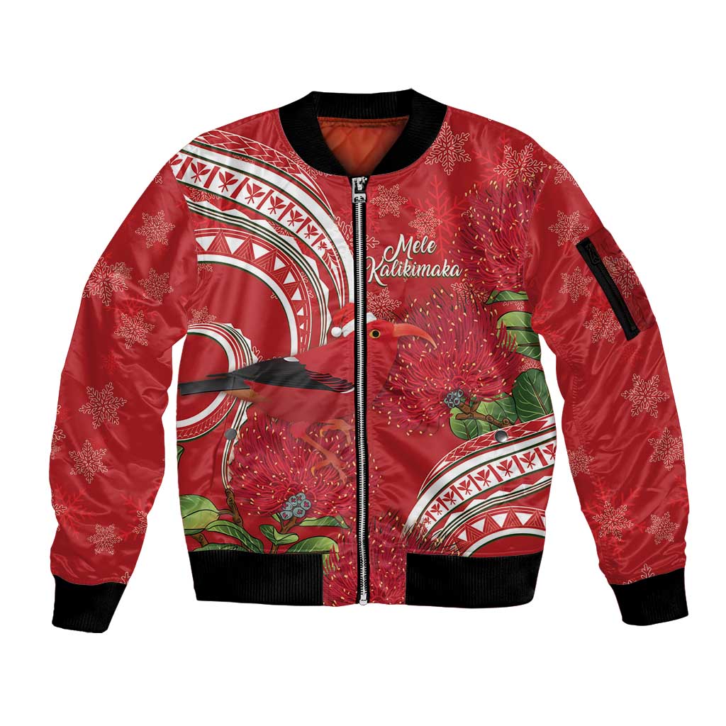 Personalized Mele Kalikimaka Hawaii Sleeve Zip Bomber Jacket I'iwi Bird With Ohia Lehua - Red Color LT14 Unisex Red - Polynesian Pride