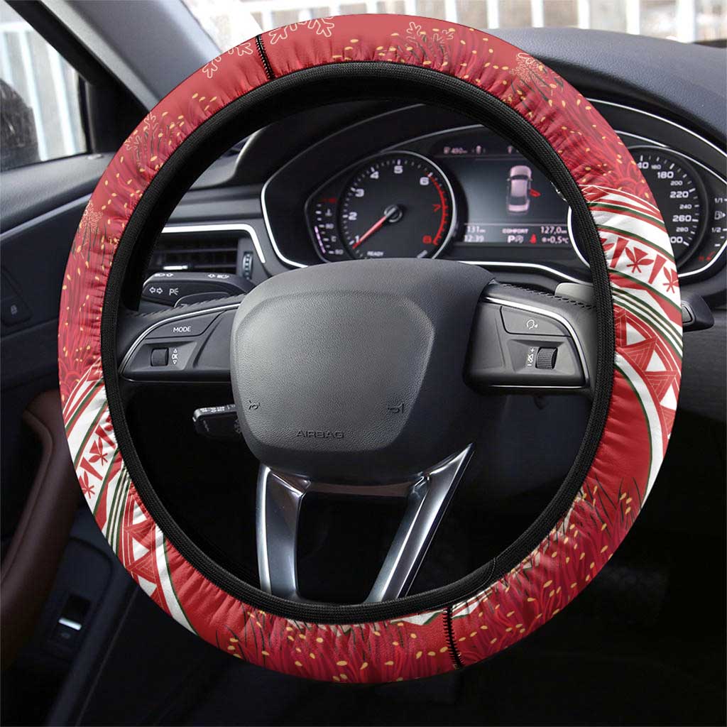 Mele Kalikimaka Hawaii Steering Wheel Cover I'iwi Bird With Ohia Lehua - Red Color LT14 - Polynesian Pride