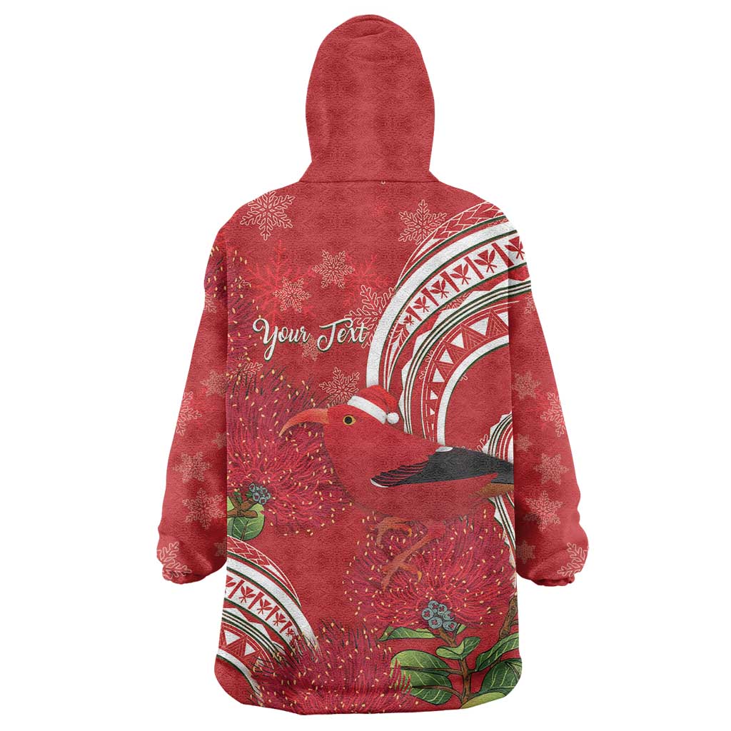 Personalized Mele Kalikimaka Hawaii Wearable Blanket Hoodie I'iwi Bird With Ohia Lehua - Red Color LT14 - Polynesian Pride