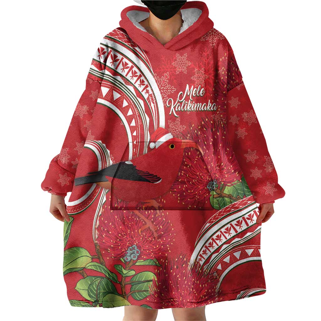 Personalized Mele Kalikimaka Hawaii Wearable Blanket Hoodie I'iwi Bird With Ohia Lehua - Red Color LT14 - Polynesian Pride