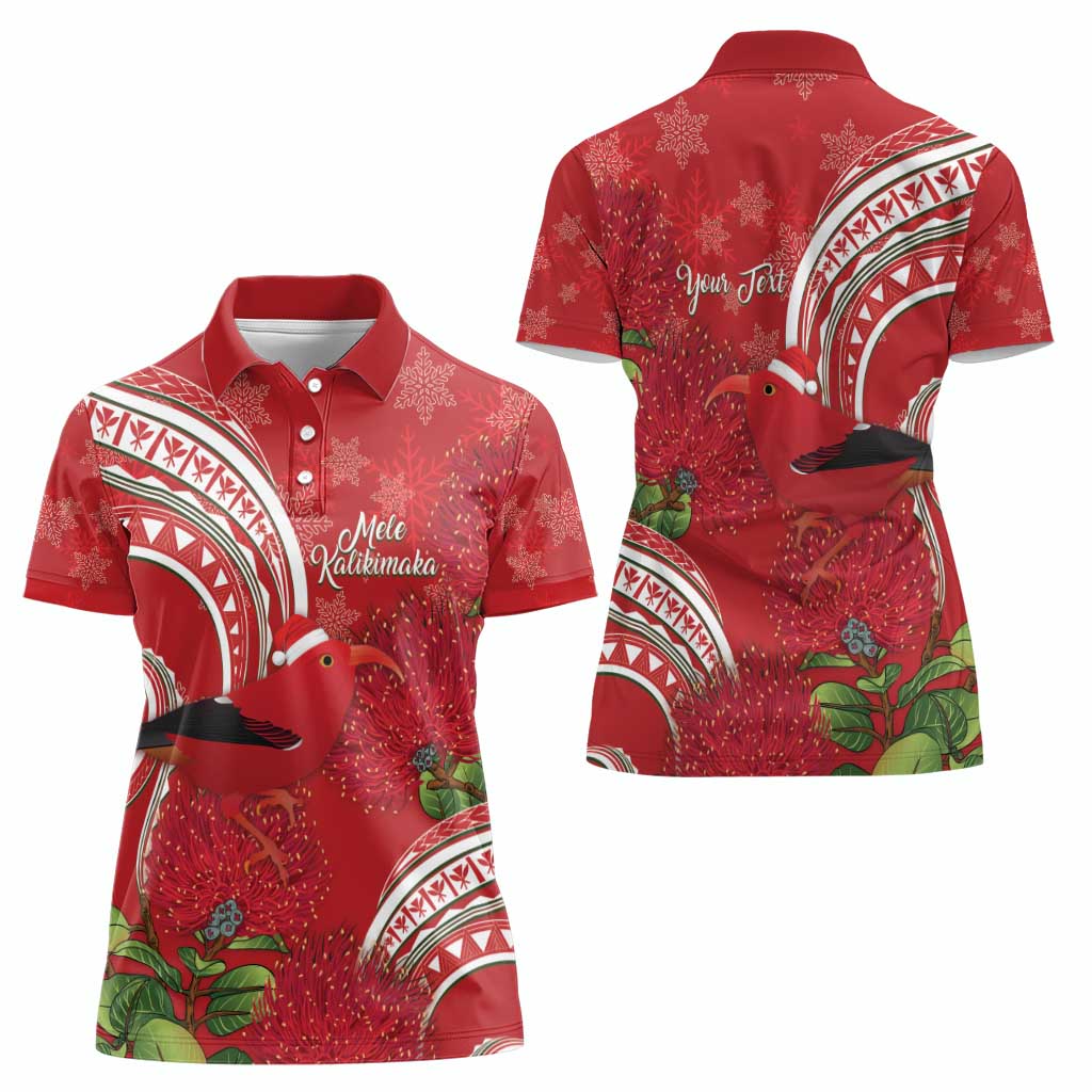 Personalized Mele Kalikimaka Hawaii Women Polo Shirt I'iwi Bird With Ohia Lehua - Red Color LT14 - Polynesian Pride