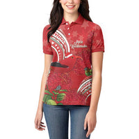Personalized Mele Kalikimaka Hawaii Women Polo Shirt I'iwi Bird With Ohia Lehua - Red Color LT14 - Polynesian Pride