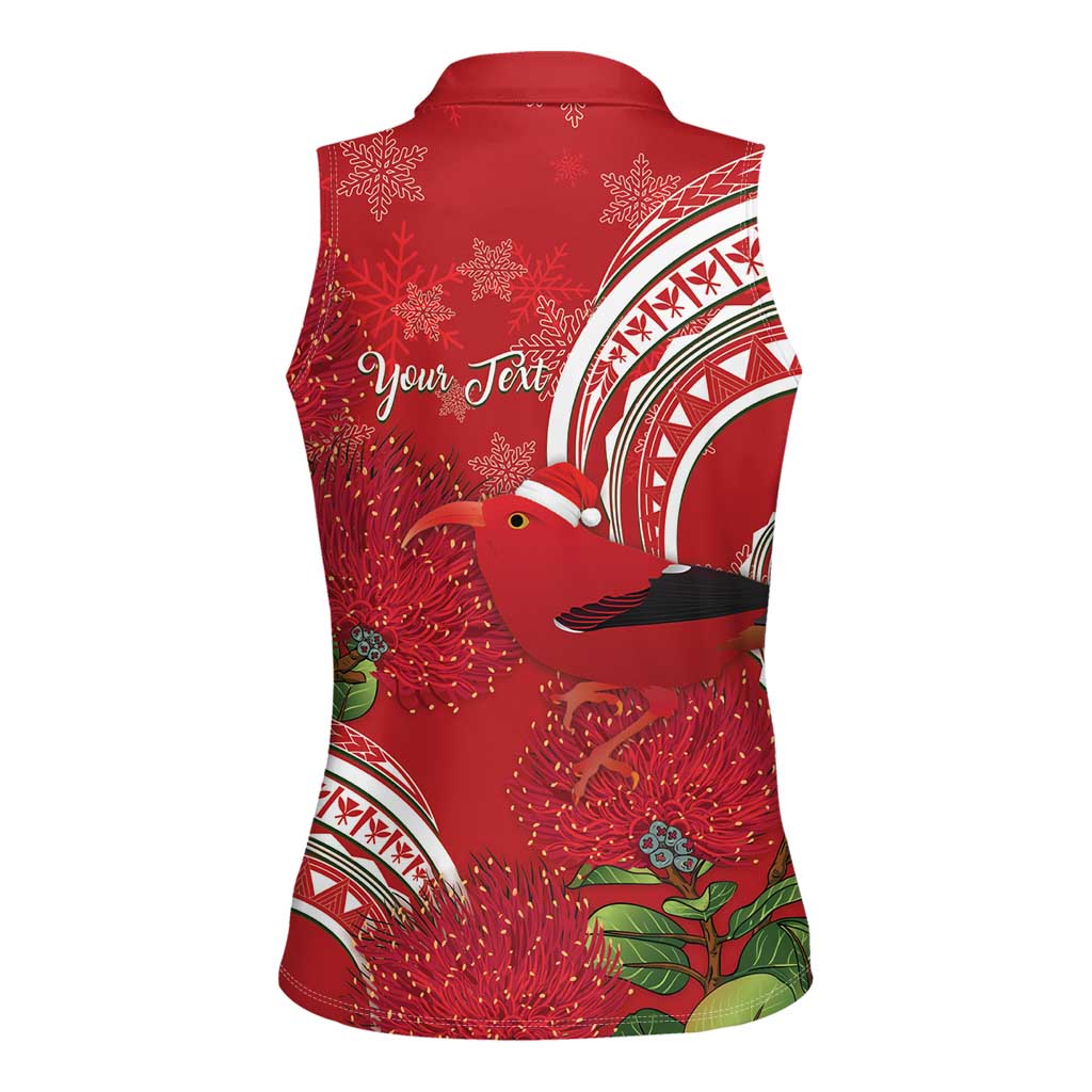 Personalized Mele Kalikimaka Hawaii Women Sleeveless Polo Shirt I'iwi Bird With Ohia Lehua - Red Color LT14 - Polynesian Pride