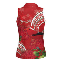 Personalized Mele Kalikimaka Hawaii Women Sleeveless Polo Shirt I'iwi Bird With Ohia Lehua - Red Color LT14 - Polynesian Pride