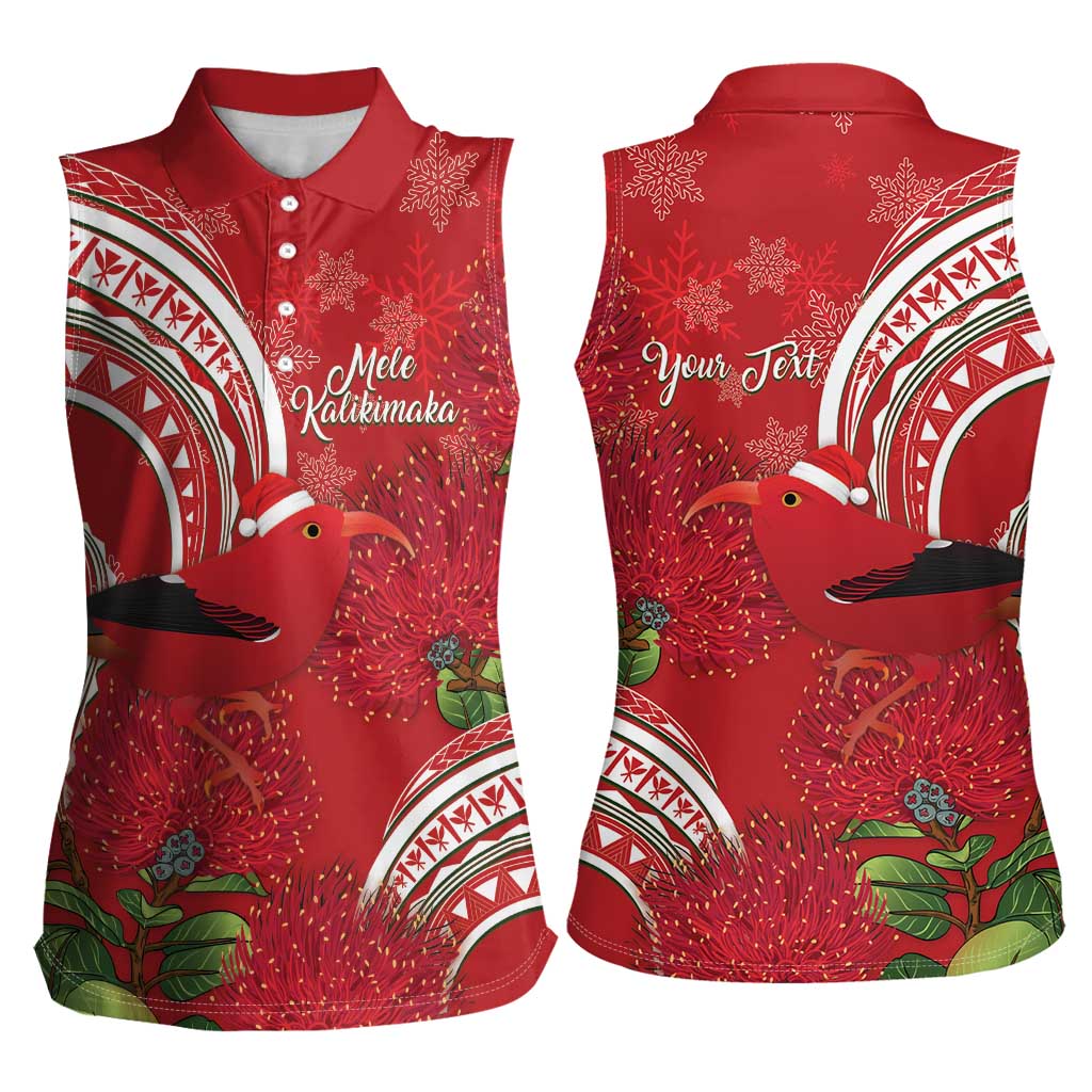 Personalized Mele Kalikimaka Hawaii Women Sleeveless Polo Shirt I'iwi Bird With Ohia Lehua - Red Color LT14 - Polynesian Pride