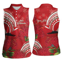Personalized Mele Kalikimaka Hawaii Women Sleeveless Polo Shirt I'iwi Bird With Ohia Lehua - Red Color LT14 - Polynesian Pride
